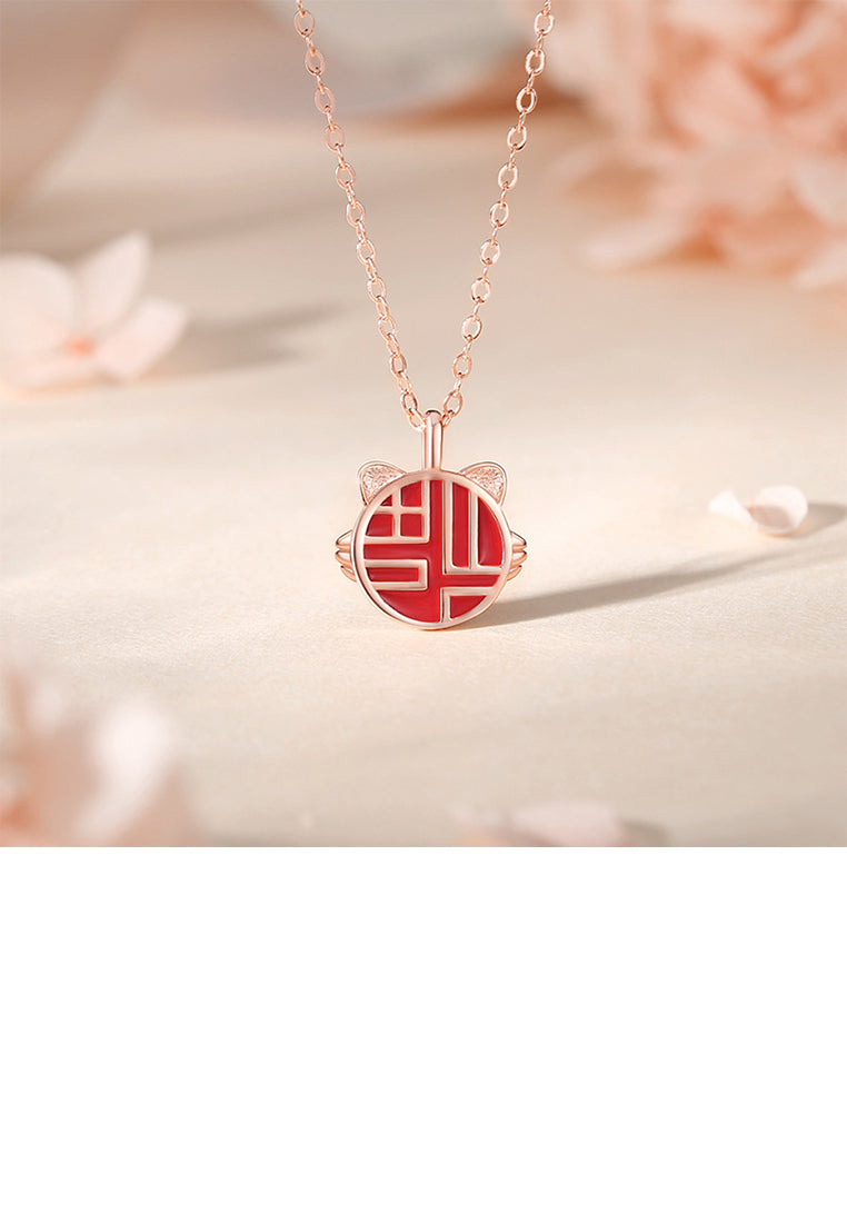 925 Sterling Silver Plated Rose Gold Fashion Vintage Cat Imitation Agate Pendant with Necklace