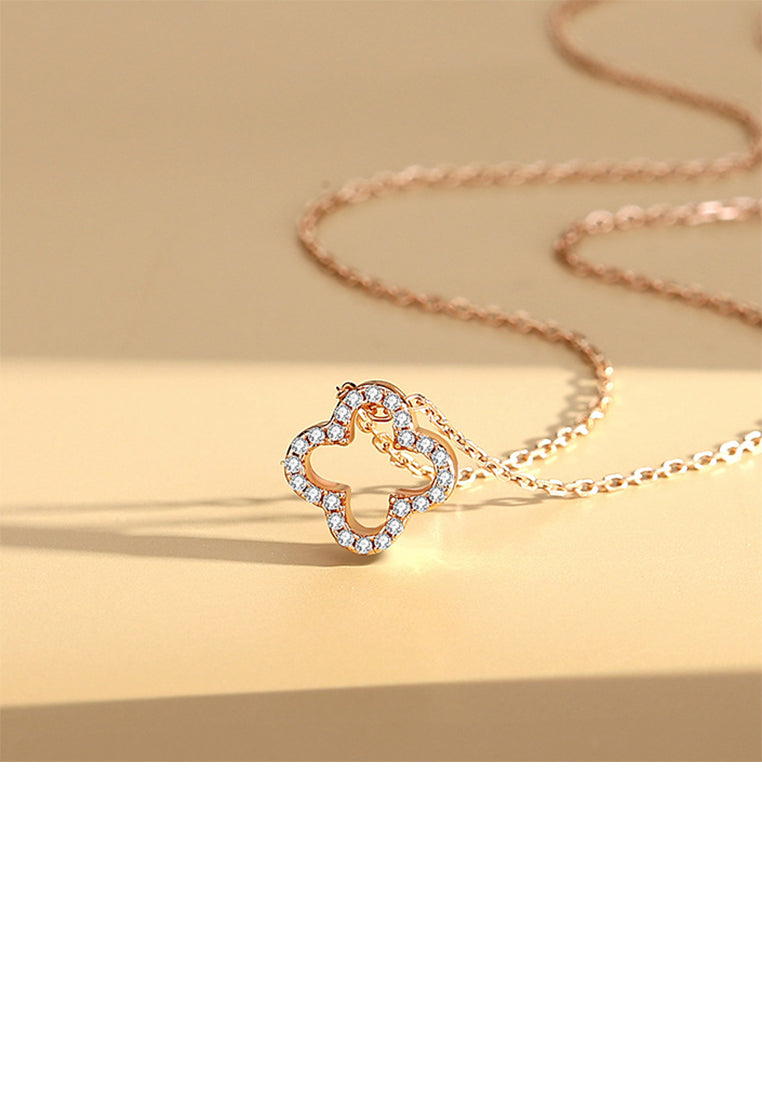 925 Sterling Silver Plated Rose Gold Fashion Simple Hollow Four-leafed Clover Pendant with Cubic Zirconia and Necklace - Luxurious Look