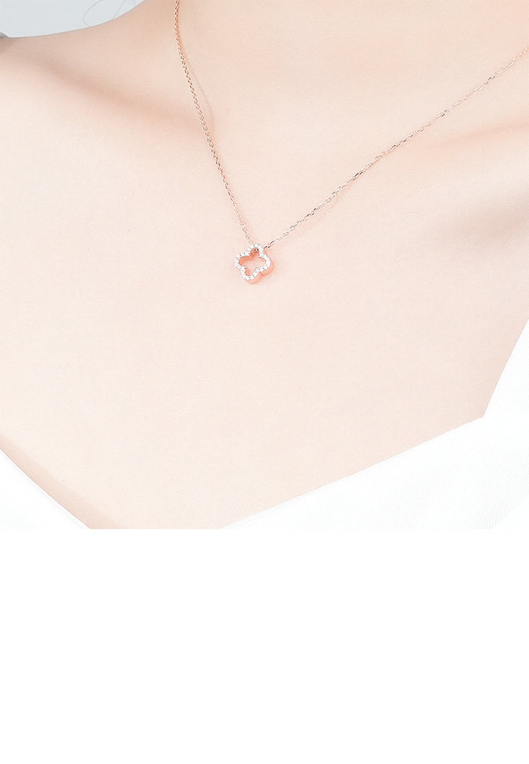 925 Sterling Silver Plated Rose Gold Fashion Simple Hollow Four-leafed Clover Pendant with Cubic Zirconia and Necklace - Luxurious Look