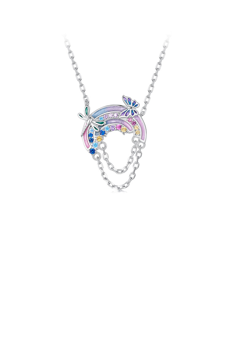 925 Sterling Silver Fashion Temperament Enamel Butterfly Dragonfly Rainbow Tassel Pendant with Cubic Zirconia and Necklace - Luxurious Look
