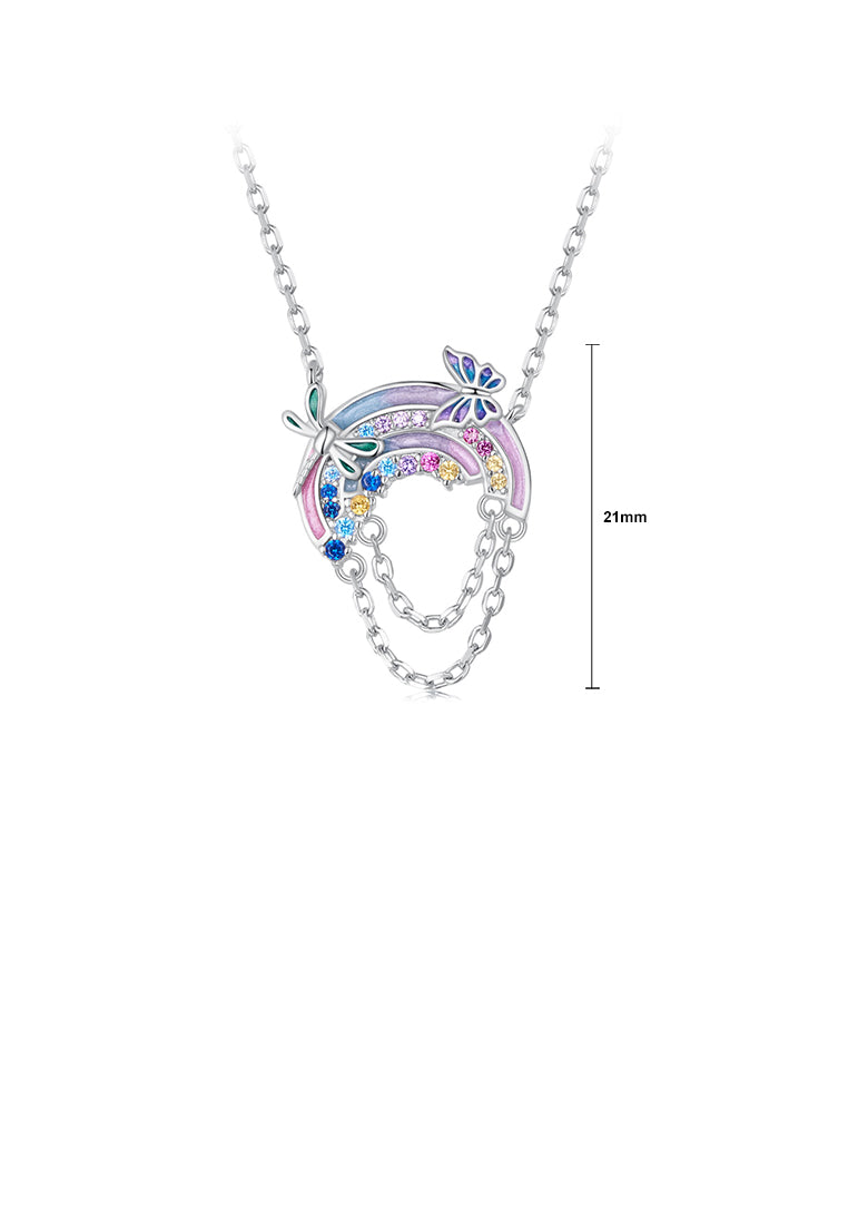 925 Sterling Silver Fashion Temperament Enamel Butterfly Dragonfly Rainbow Tassel Pendant with Cubic Zirconia and Necklace - Luxurious Look