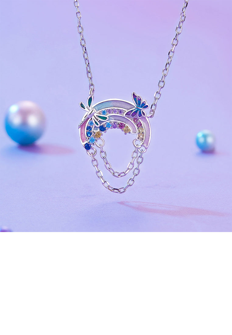 925 Sterling Silver Fashion Temperament Enamel Butterfly Dragonfly Rainbow Tassel Pendant with Cubic Zirconia and Necklace - Luxurious Look