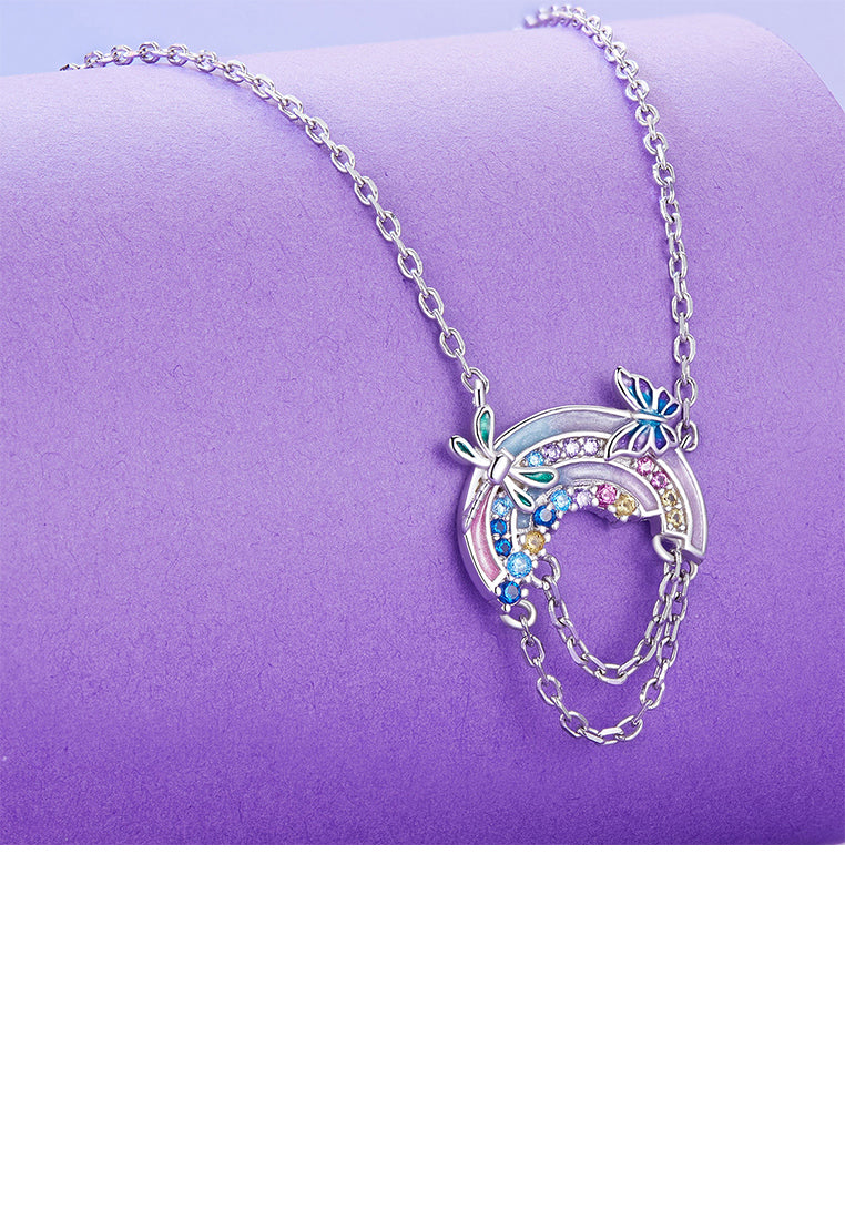 925 Sterling Silver Fashion Temperament Enamel Butterfly Dragonfly Rainbow Tassel Pendant with Cubic Zirconia and Necklace - Luxurious Look
