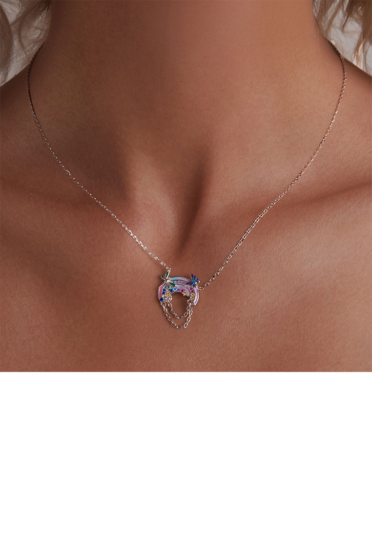 925 Sterling Silver Fashion Temperament Enamel Butterfly Dragonfly Rainbow Tassel Pendant with Cubic Zirconia and Necklace - Luxurious Look