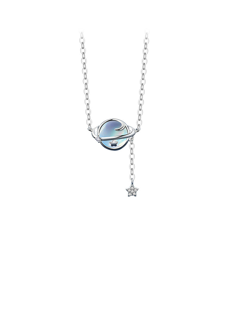 925 Sterling Silver Fashion Temperament Planet Moonstone Tassel Pendant with Cubic Zirconia and Necklace - Luxurious Look