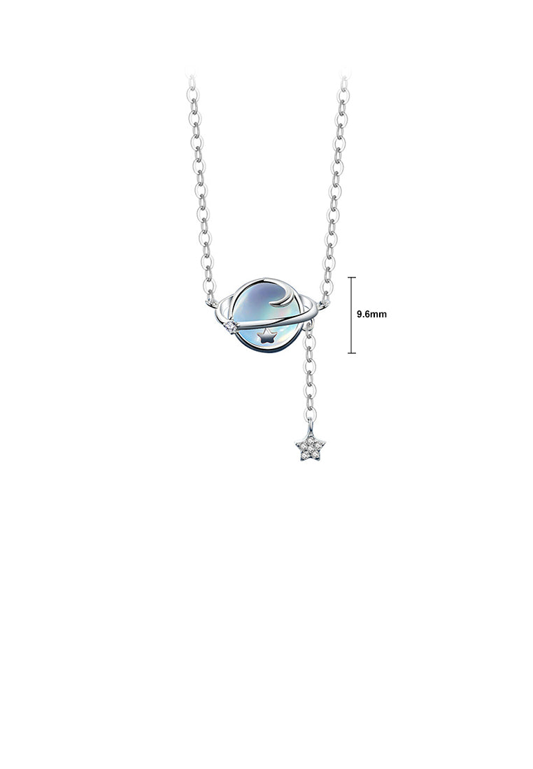 925 Sterling Silver Fashion Temperament Planet Moonstone Tassel Pendant with Cubic Zirconia and Necklace - Luxurious Look