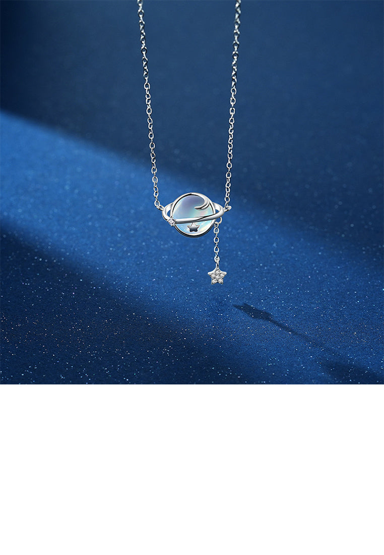 925 Sterling Silver Fashion Temperament Planet Moonstone Tassel Pendant with Cubic Zirconia and Necklace - Luxurious Look