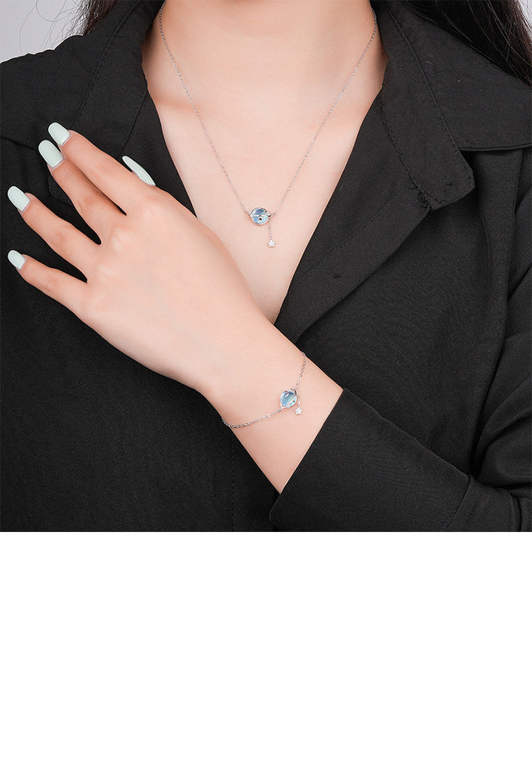 925 Sterling Silver Fashion Temperament Planet Moonstone Tassel Pendant with Cubic Zirconia and Necklace - Luxurious Look