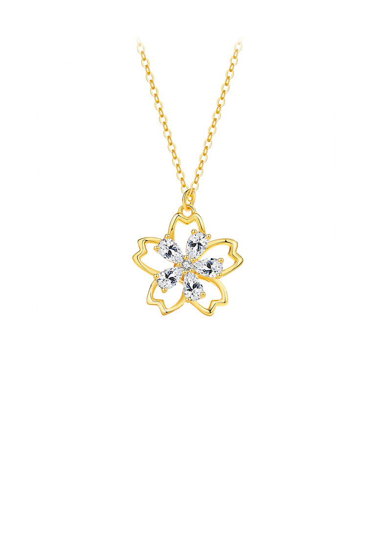 925 Sterling Silver Plated Gold Fashion Simple Rotating Flower Pendant with Cubic Zirconia and Necklace - Luxurious Look