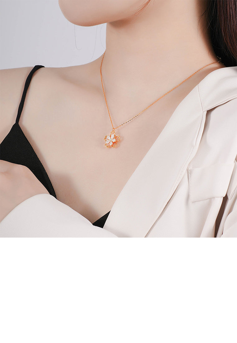 925 Sterling Silver Plated Gold Fashion Simple Rotating Flower Pendant with Cubic Zirconia and Necklace - Luxurious Look