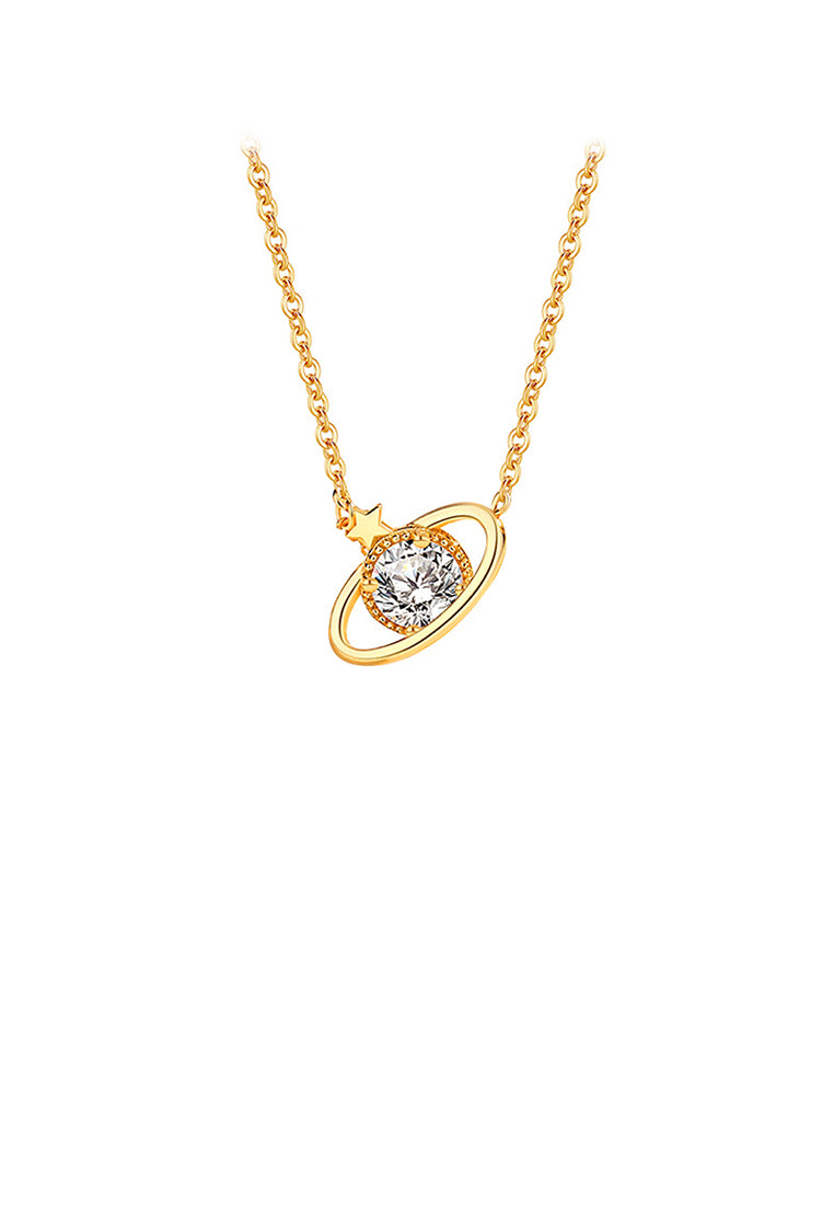 925 Sterling Silver Plated Gold Fashion Creative Planet Pendant with Cubic Zirconia and Necklace - Luxurious Look