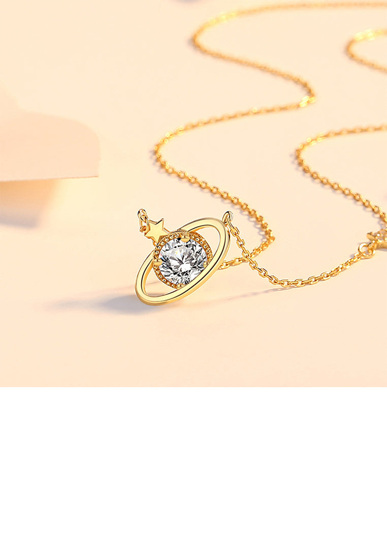 925 Sterling Silver Plated Gold Fashion Creative Planet Pendant with Cubic Zirconia and Necklace - Luxurious Look