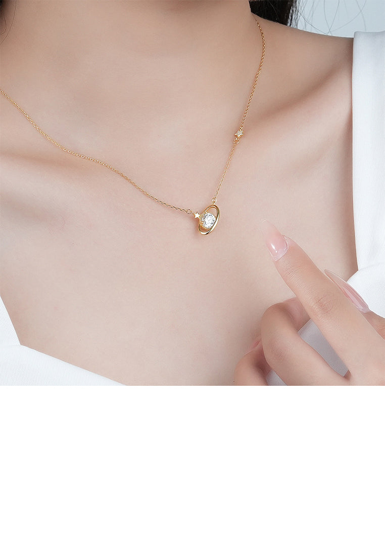 925 Sterling Silver Plated Gold Fashion Creative Planet Pendant with Cubic Zirconia and Necklace - Luxurious Look
