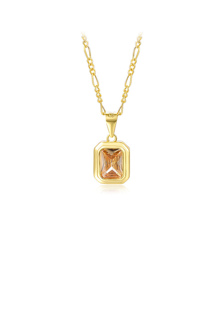 925 Sterling Silver Plated Gold Fashion Simple Geometric Square Pendant with Champagne Cubic Zirconia and Necklace - Luxurious Look
