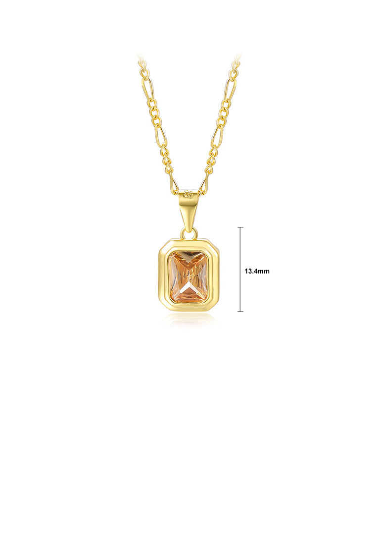 925 Sterling Silver Plated Gold Fashion Simple Geometric Square Pendant with Champagne Cubic Zirconia and Necklace - Luxurious Look