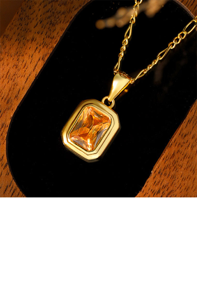 925 Sterling Silver Plated Gold Fashion Simple Geometric Square Pendant with Champagne Cubic Zirconia and Necklace - Luxurious Look