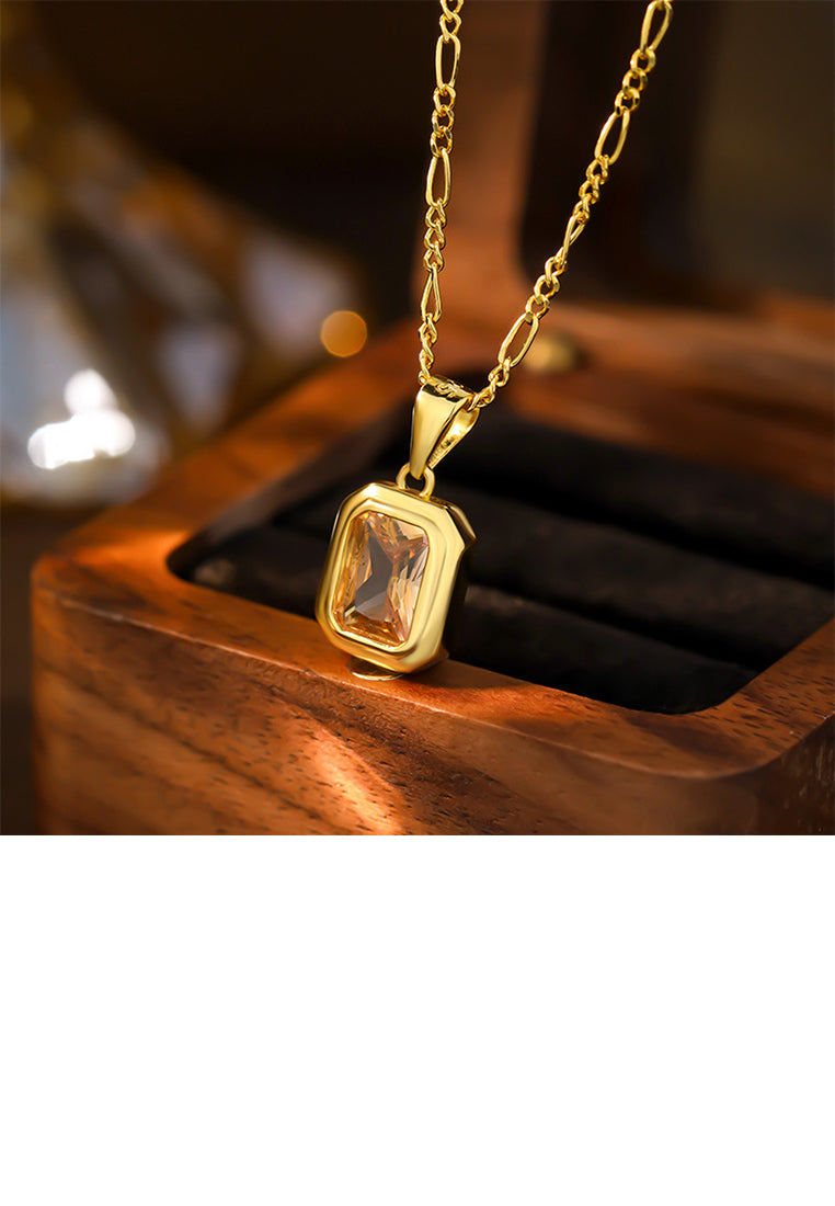 925 Sterling Silver Plated Gold Fashion Simple Geometric Square Pendant with Champagne Cubic Zirconia and Necklace - Luxurious Look