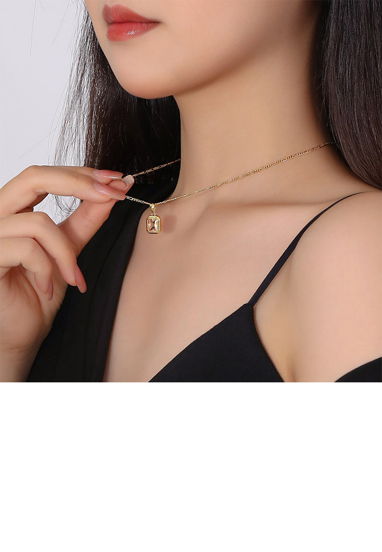 925 Sterling Silver Plated Gold Fashion Simple Geometric Square Pendant with Champagne Cubic Zirconia and Necklace - Luxurious Look