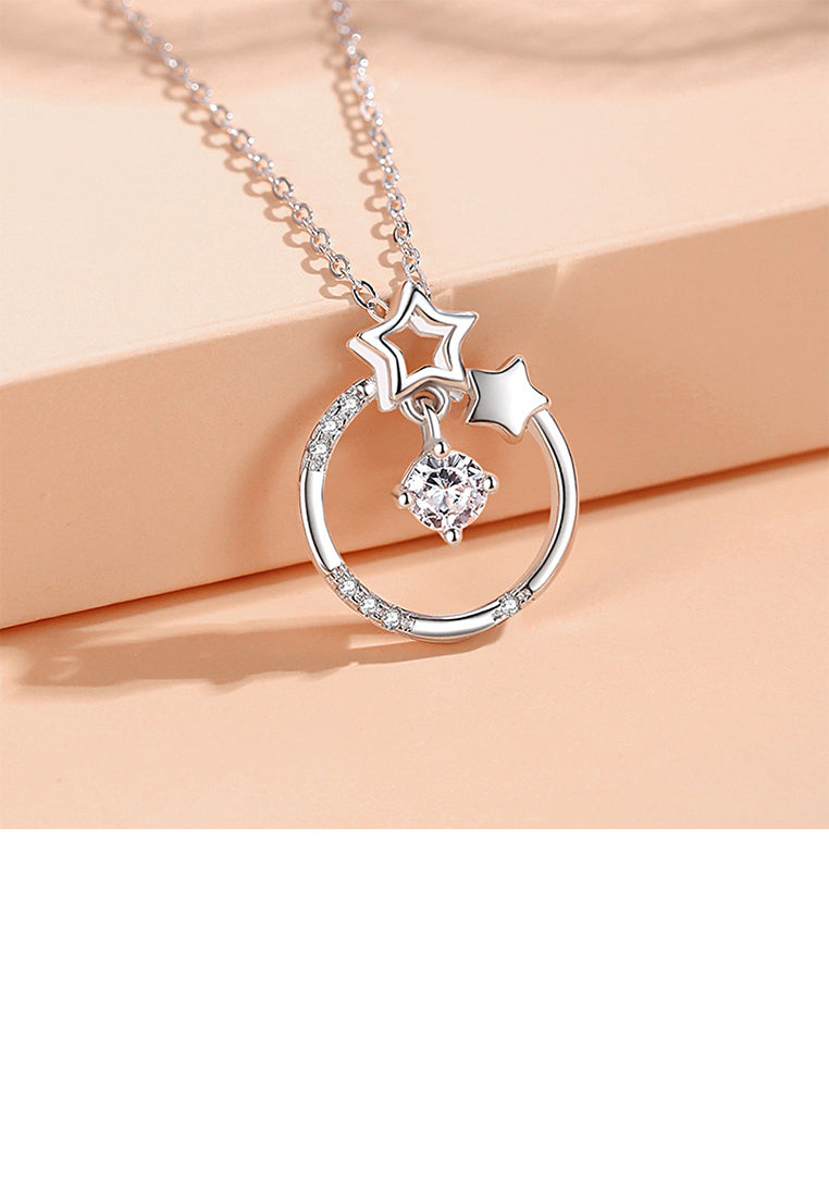 925 Sterling Silver Simple Fashion Star Circle Pendant with Cubic Zirconia and Necklace - Luxurious Look