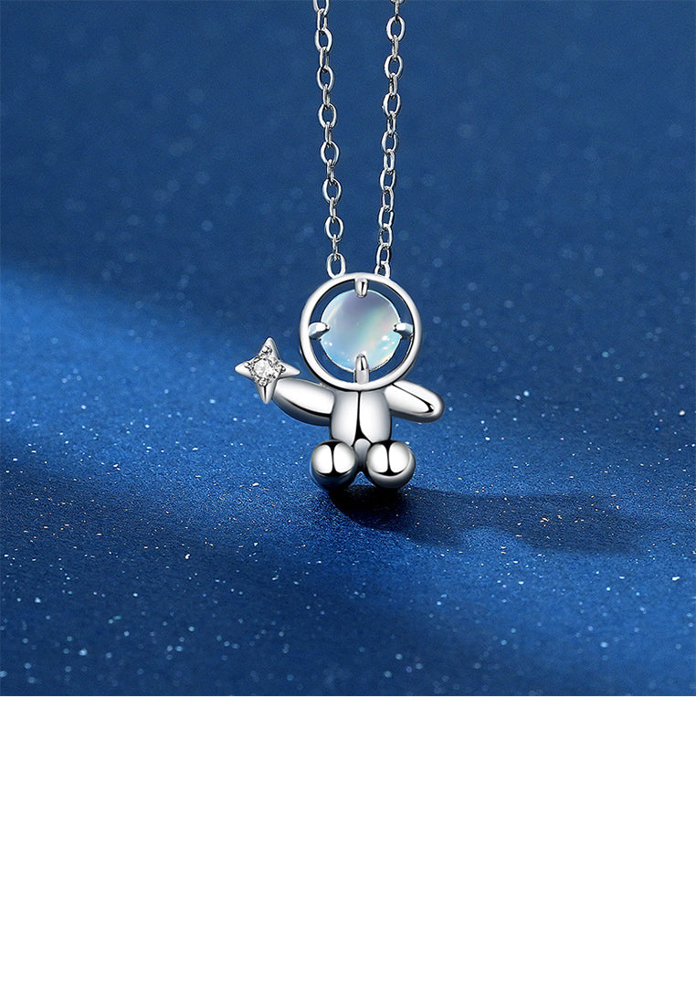 925 Sterling Silver Fashion Creative Astronaut Moonstone Pendant with Cubic Zirconia and Necklace - Luxurious Look