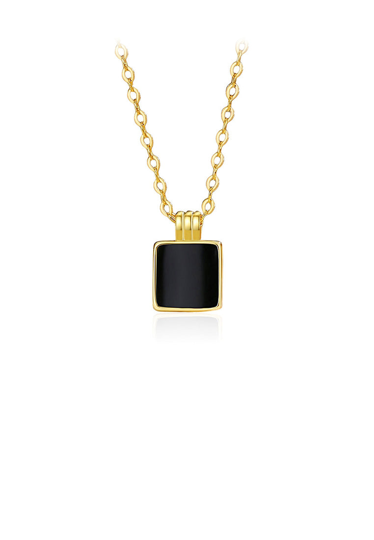 925 Sterling Silver Plated Gold Simple and Fashion Enamel Black Square Geometric Pendant with Necklace
