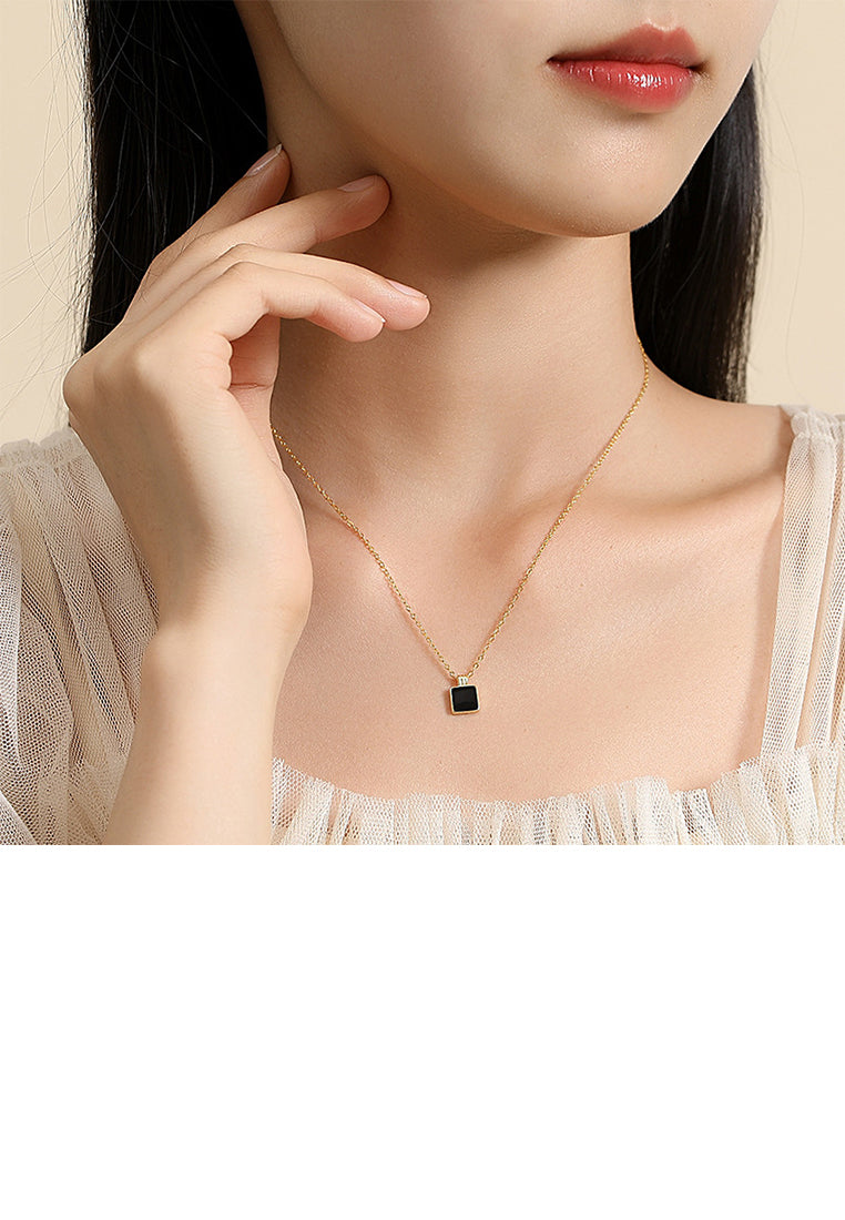 925 Sterling Silver Plated Gold Simple and Fashion Enamel Black Square Geometric Pendant with Necklace