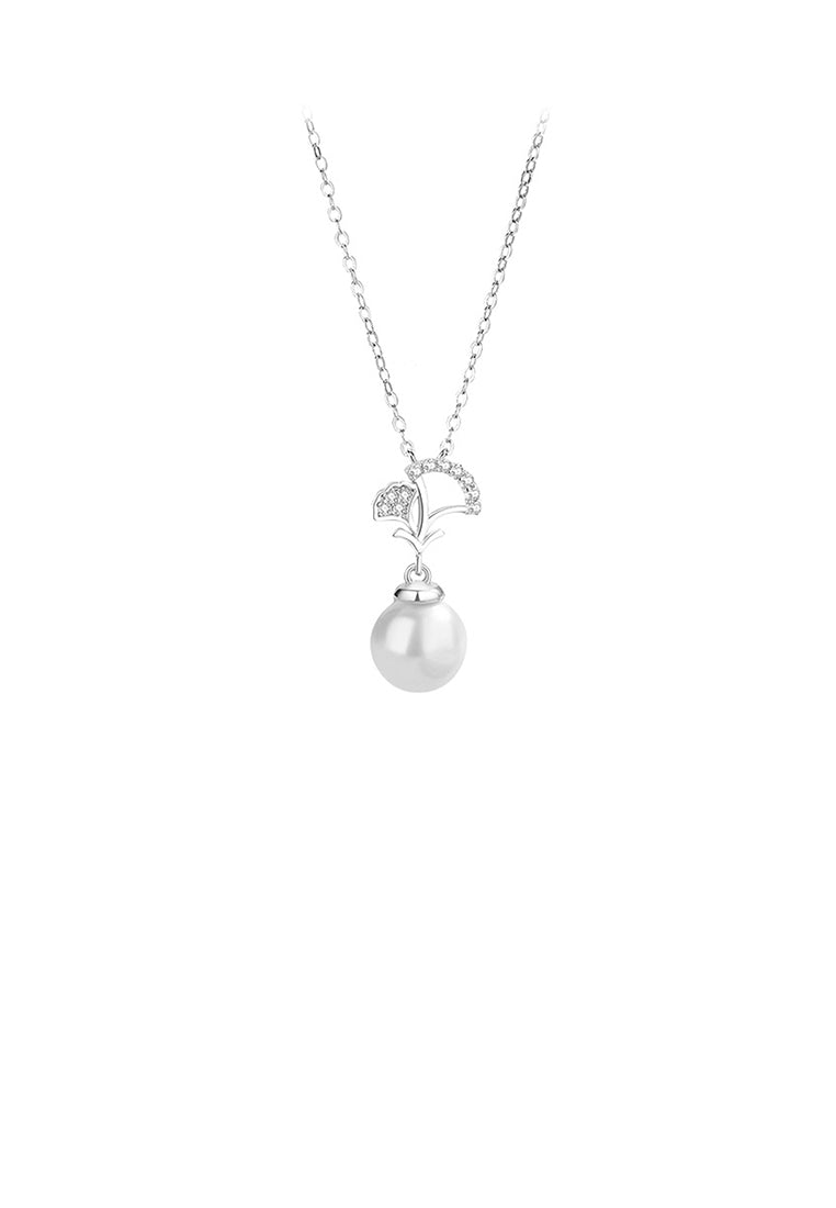 925 Sterling Silver Fashion and Simple Ginkgo Leaf Imitation Pearl Pendant with Cubic Zirconia and Necklace - Luxurious Look