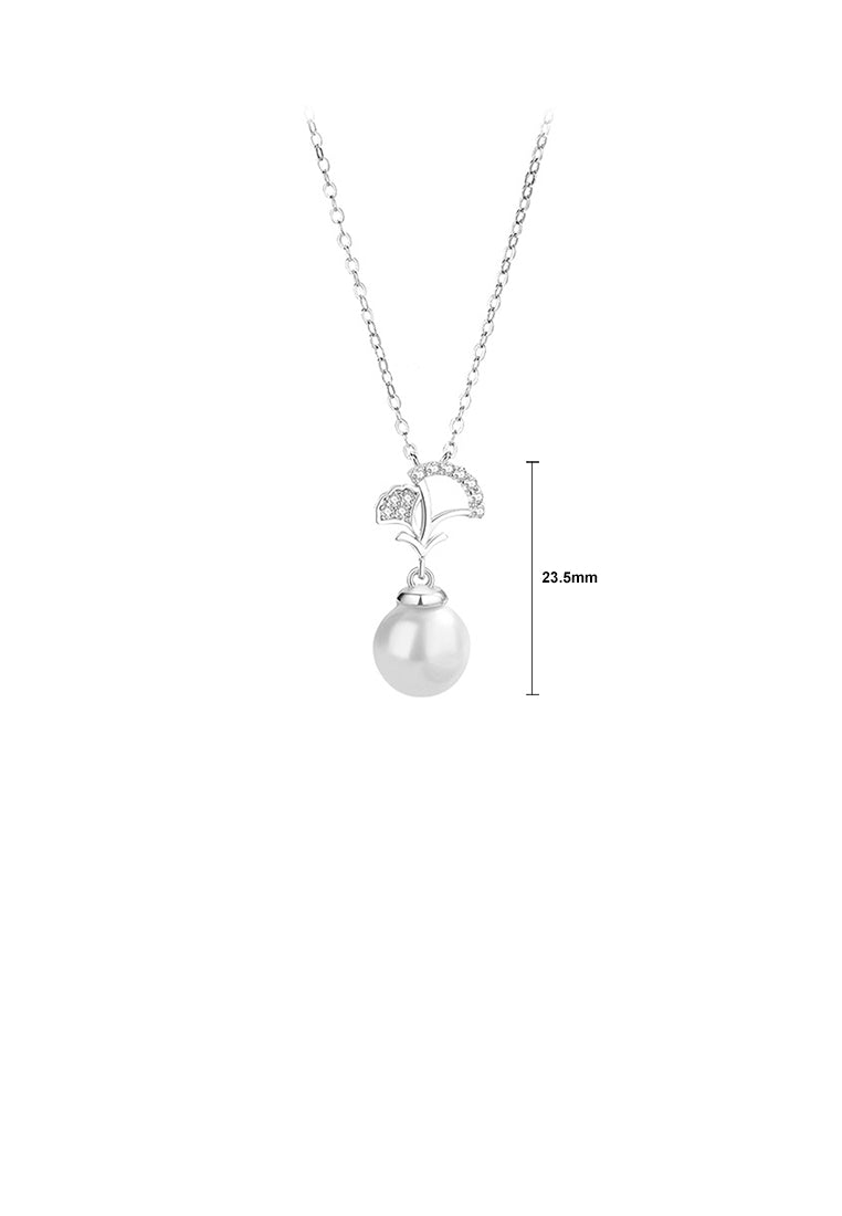 925 Sterling Silver Fashion and Simple Ginkgo Leaf Imitation Pearl Pendant with Cubic Zirconia and Necklace - Luxurious Look