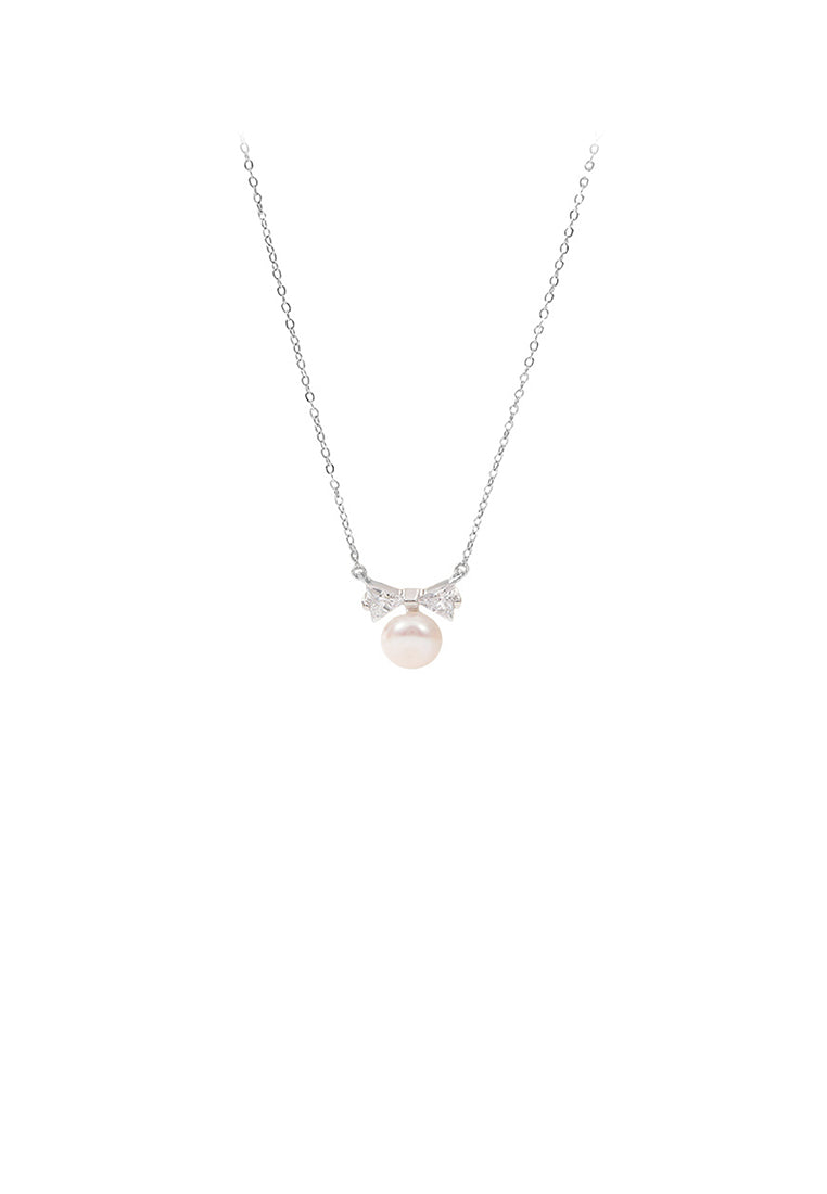 925 Sterling Silver Simple and Sweet Ribbon Imitation Pearl Pendant with Cubic Zirconia and Necklace - Luxurious Look