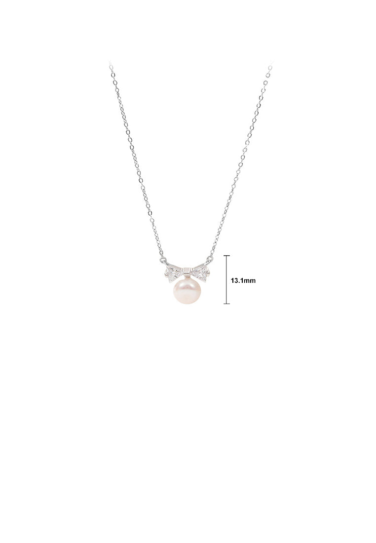 925 Sterling Silver Simple and Sweet Ribbon Imitation Pearl Pendant with Cubic Zirconia and Necklace - Luxurious Look