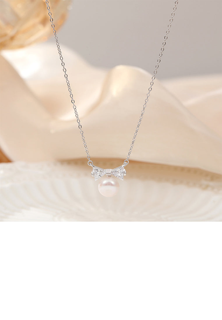 925 Sterling Silver Simple and Sweet Ribbon Imitation Pearl Pendant with Cubic Zirconia and Necklace - Luxurious Look