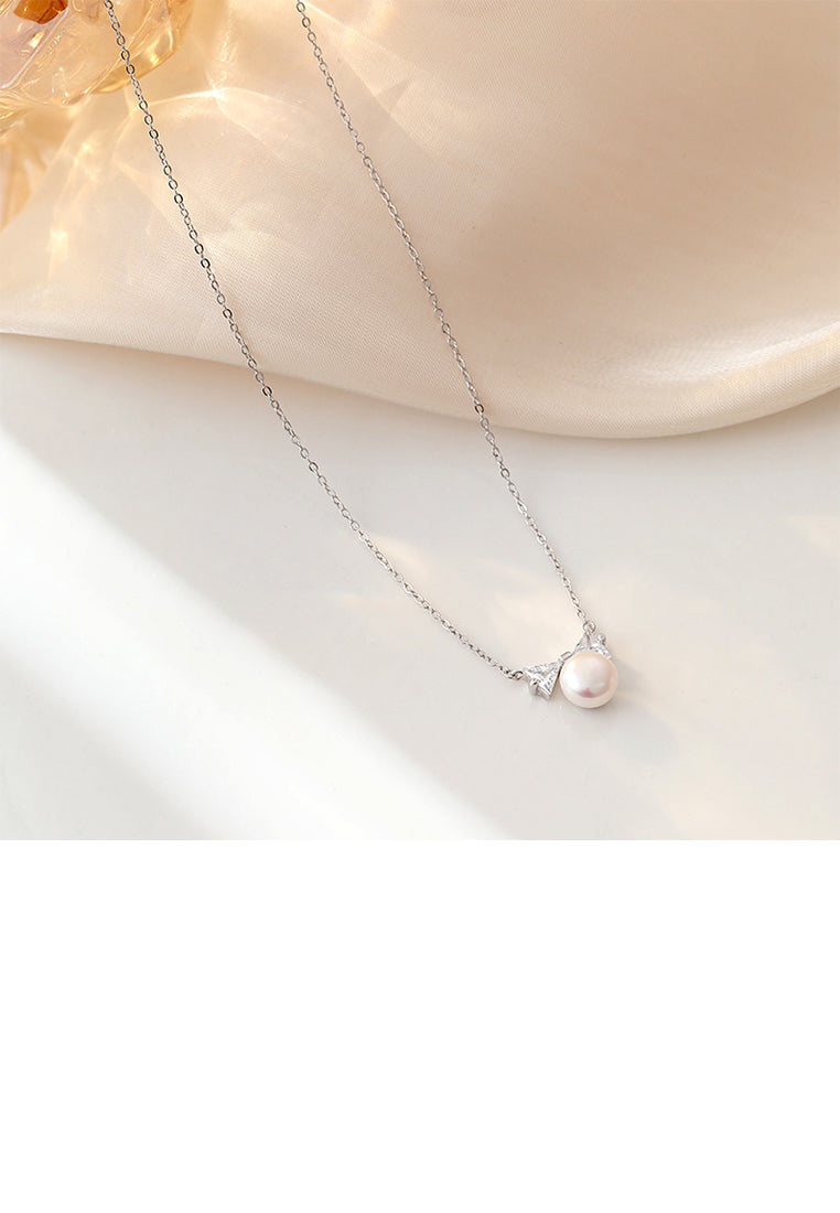 925 Sterling Silver Simple and Sweet Ribbon Imitation Pearl Pendant with Cubic Zirconia and Necklace - Luxurious Look
