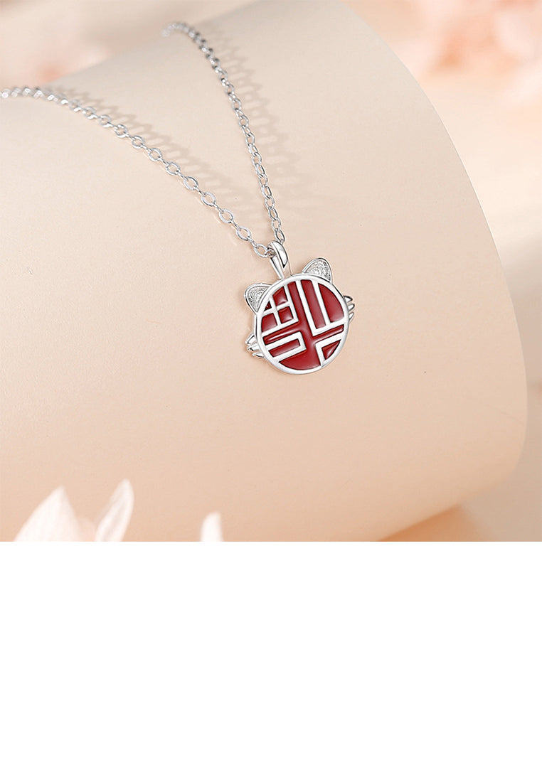 925 Sterling Silver Fashion Vintage Cat Imitation Agate Pendant with Necklace