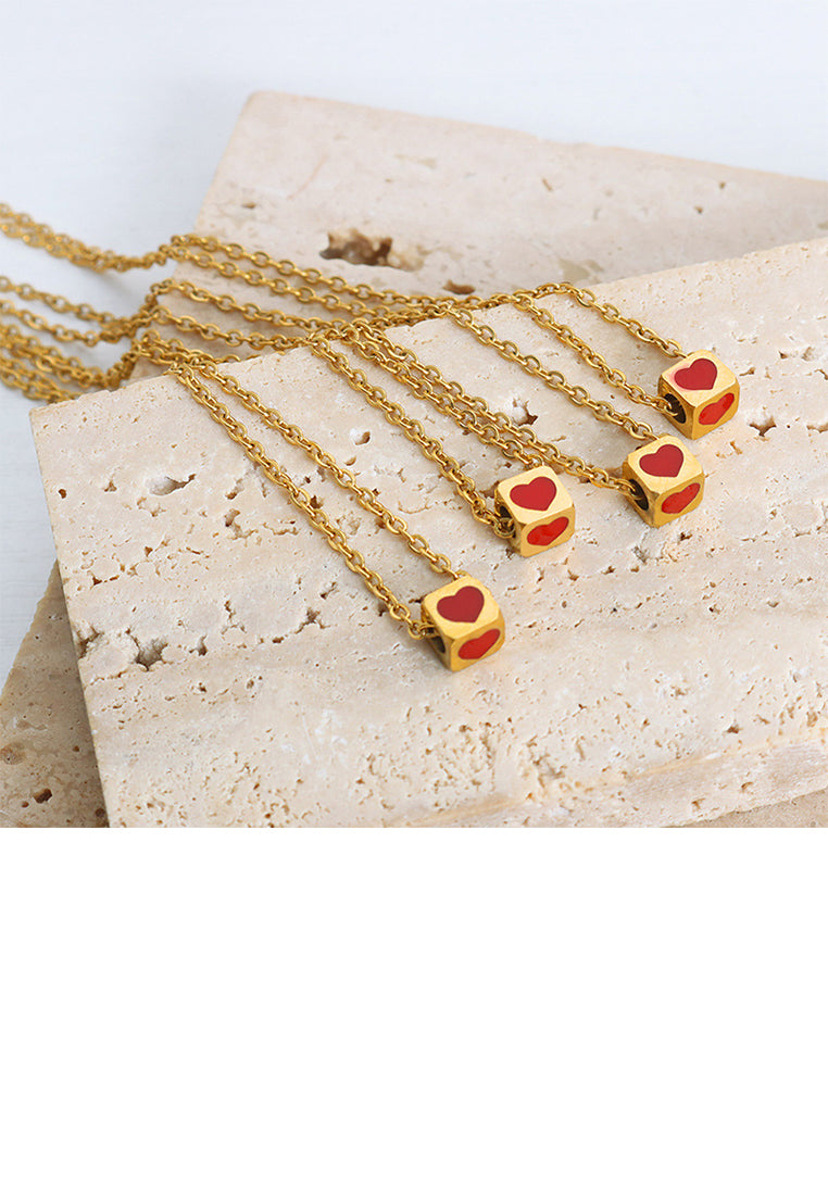 Fashion and Simple Plated Gold 316L Stainless Steel Heart-shaped Geometric Square Pendant with Necklace