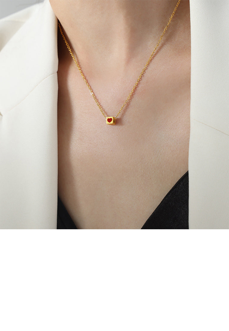 Fashion and Simple Plated Gold 316L Stainless Steel Heart-shaped Geometric Square Pendant with Necklace
