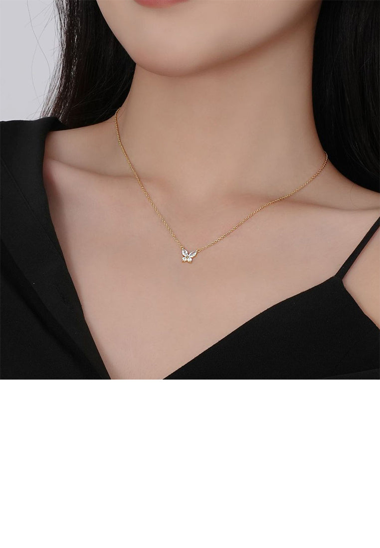 925 Sterling Silver Plated Gold Simple and Fashion Butterfly Pendant with Cubic Zirconia and Necklace - Luxurious Look