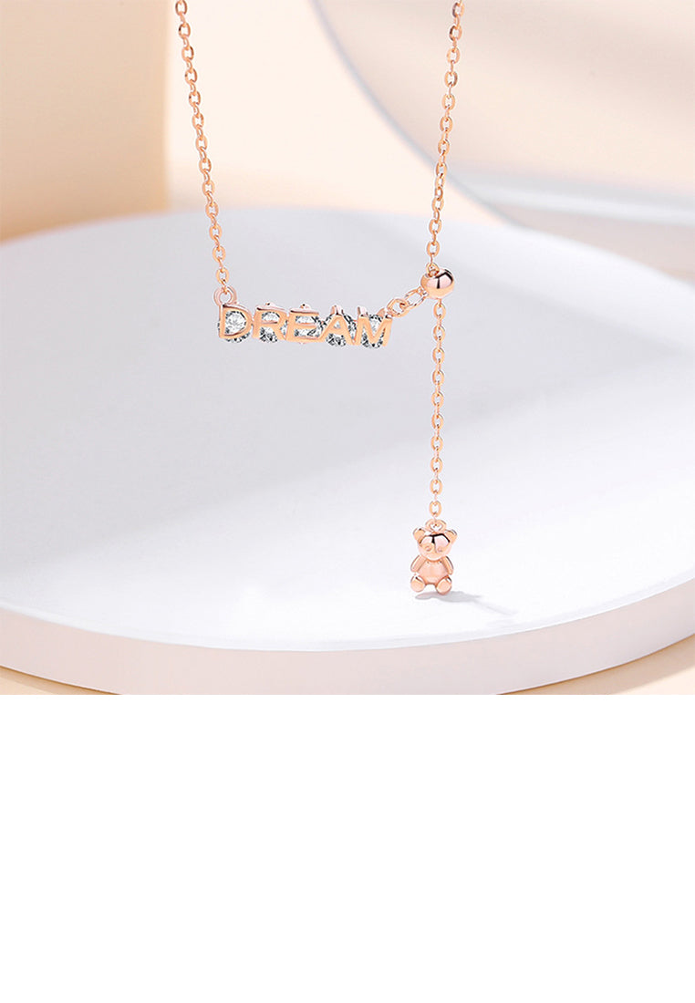 925 Sterling Silver Plated Rose Gold Fashion Cute Dream Tassel Bear Pendant with Cubic Zirconia and Necklace - Luxurious Look