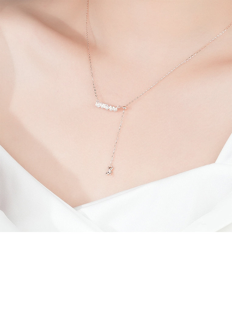 925 Sterling Silver Plated Rose Gold Fashion Cute Dream Tassel Bear Pendant with Cubic Zirconia and Necklace - Luxurious Look