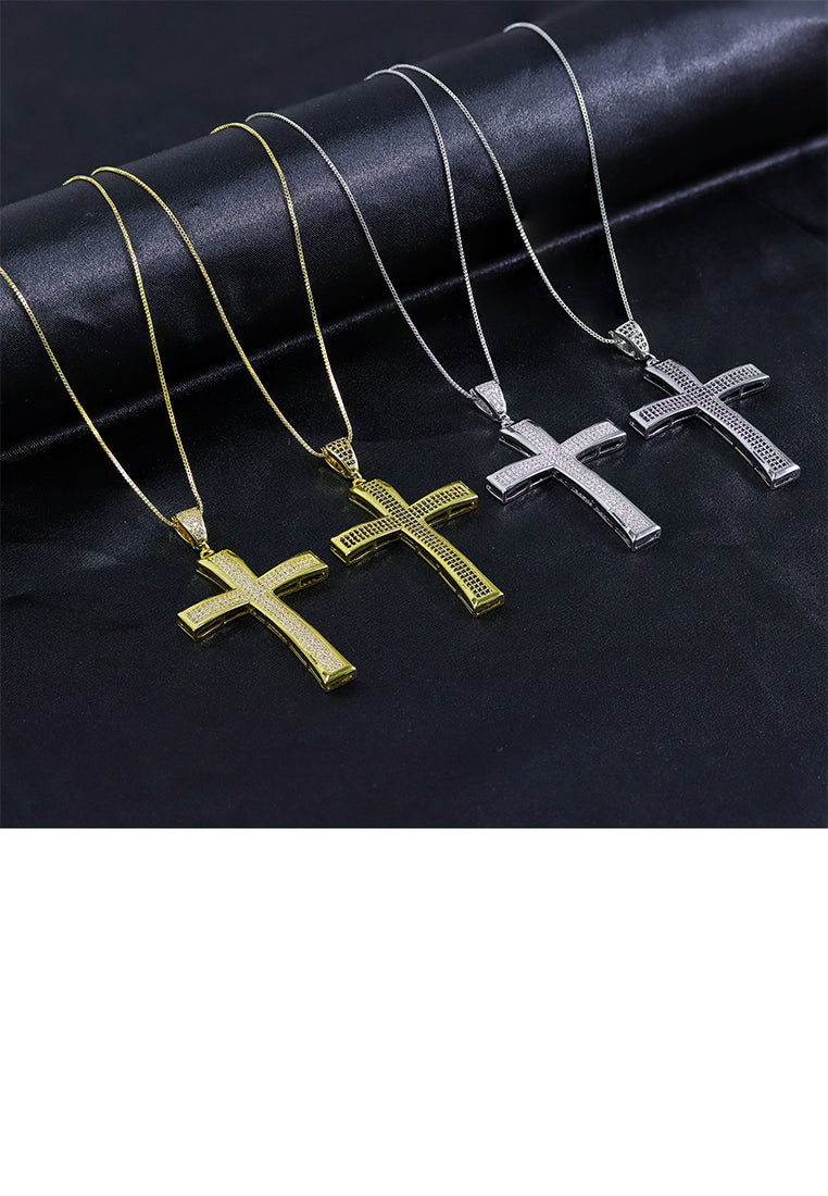 Fashion Simple Plated Gold Cross Pendant with White Cubic Zirconia and Necklace - Luxurious Look