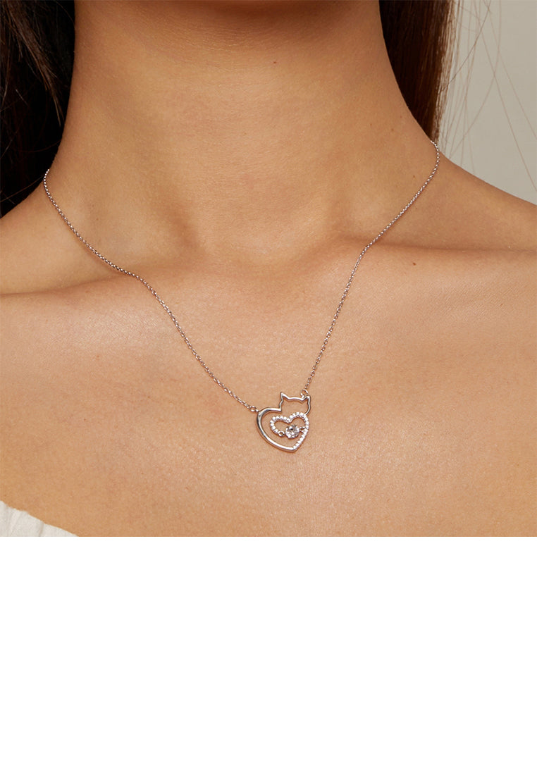 925 Sterling Silver Fashion Cute Hollow Cat Pendant with Cubic Zirconia and Necklace - Luxurious Look