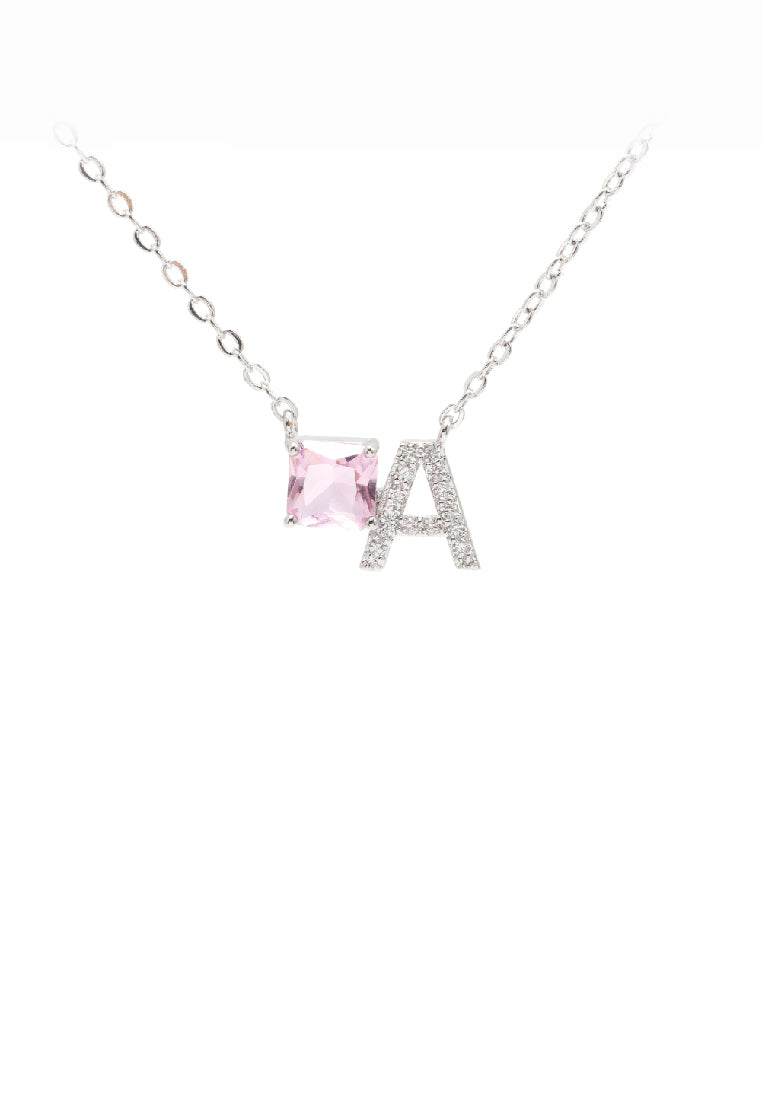 Fashion Simple Alphabet A Geometric Cube Pendant with Pink Cubic Zirconia and Necklace - Luxurious Look - Vibrant Color