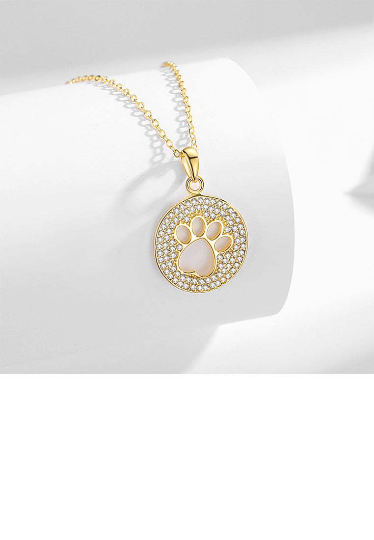 925 Sterling Silver Plated Gold Fashion Brilliant Hollow Cat Claw Geometric Round Pendant with Cubic Zirconia and Necklace - Luxurious Look