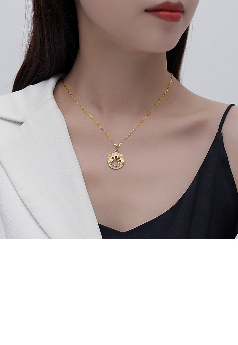 925 Sterling Silver Plated Gold Fashion Brilliant Hollow Cat Claw Geometric Round Pendant with Cubic Zirconia and Necklace - Luxurious Look