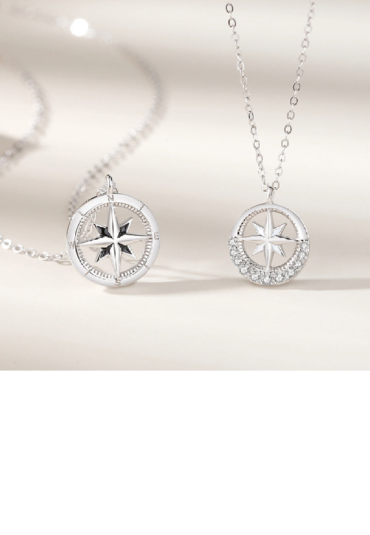 925 Sterling Silver Fashion Temperament Eight-pointed Star Hollow Round Couple Pendant with Cubic Zirconia and Necklace - Luxurious Look