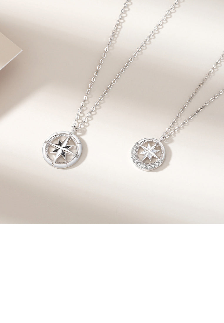 925 Sterling Silver Fashion Temperament Eight-pointed Star Hollow Round Couple Pendant with Cubic Zirconia and Necklace - Luxurious Look