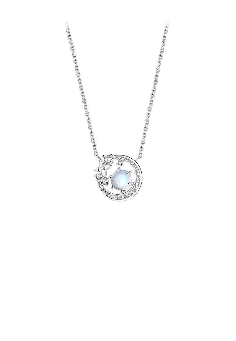 925 Sterling Silver Fashion Temperament Flower Geometric Circle Moonstone Pendant with Cubic Zirconia and Necklace - Luxurious Look