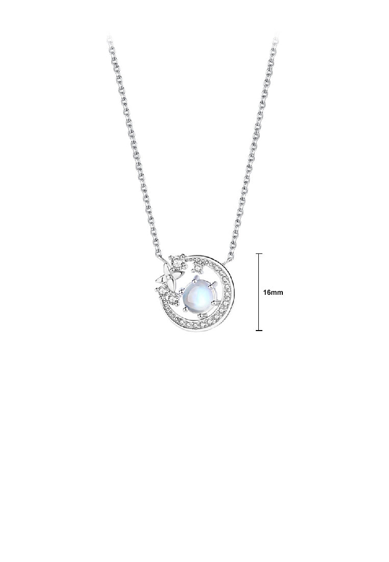925 Sterling Silver Fashion Temperament Flower Geometric Circle Moonstone Pendant with Cubic Zirconia and Necklace - Luxurious Look