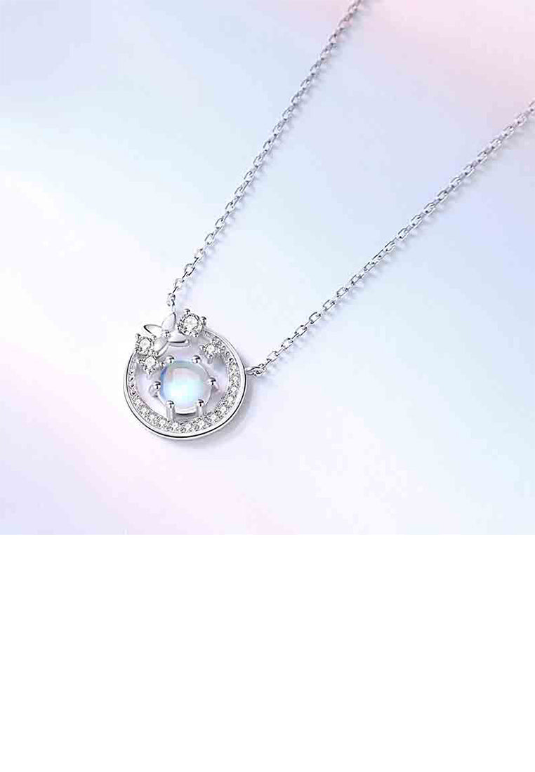 925 Sterling Silver Fashion Temperament Flower Geometric Circle Moonstone Pendant with Cubic Zirconia and Necklace - Luxurious Look