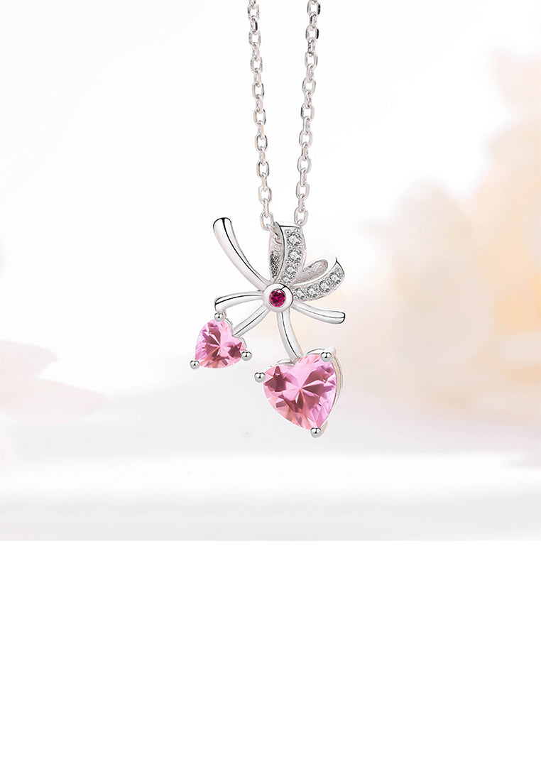 925 Sterling Silver Fashion Sweet Cherry Pendant with Pink Cubic Zirconia and Necklace - Luxurious Look - Vibrant Color