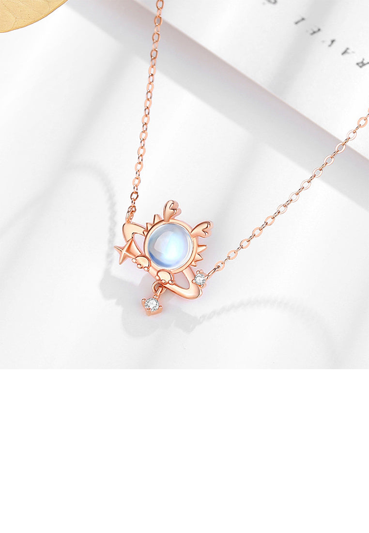 925 Sterling Silver Plated Rose Gold Fashion Creative Planet Dragon Moonstone Pendant with Cubic Zirconia and Necklace - Luxurious Look